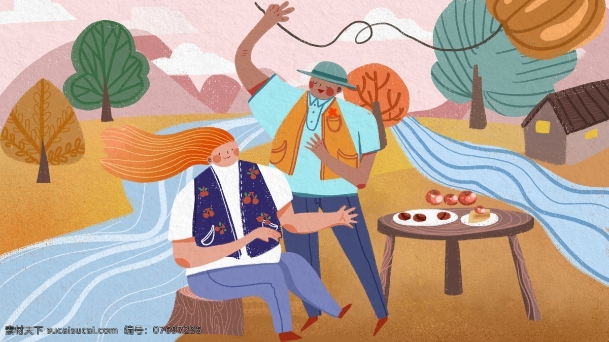 秋分 人们 狂欢 村庄 治愈 系 插画 可爱 温馨 风筝 食物 秋天 人 小河 南瓜