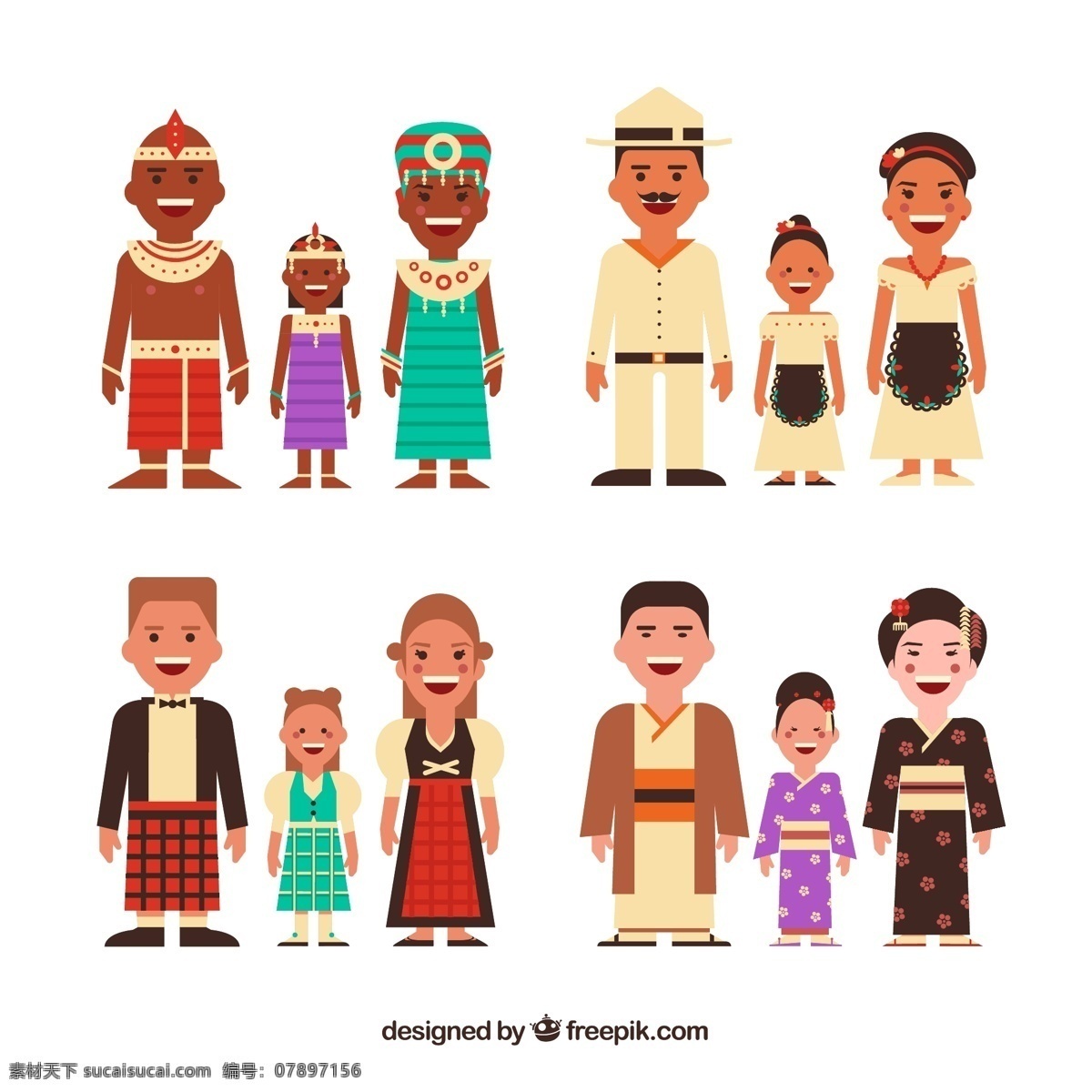 世界各国家庭 埃及 吉普赛 苏格兰 日本 民族 民族服饰 家 家庭 人物 男子 女子 孩子 卡通设计