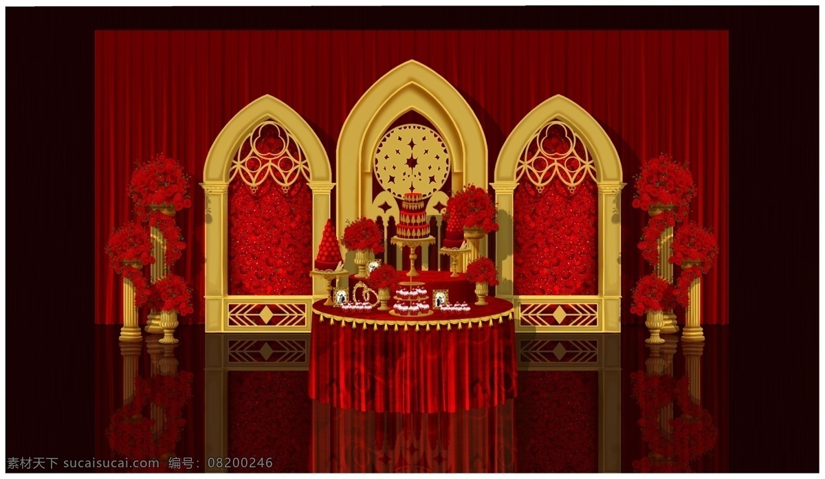 甜品 区 舞台 装饰 效果图 红金色甜品区 欧式甜品区 欧式婚礼 红金色婚礼