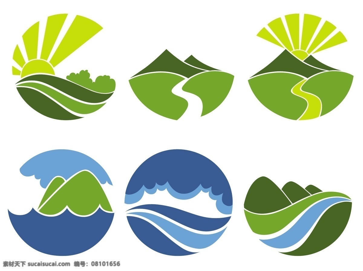 卡通 风景 插画 标志 卡通风景 山川 太阳 logo设计 图标设计 标志设计 图形logo 空间环境 矢量素材 白色