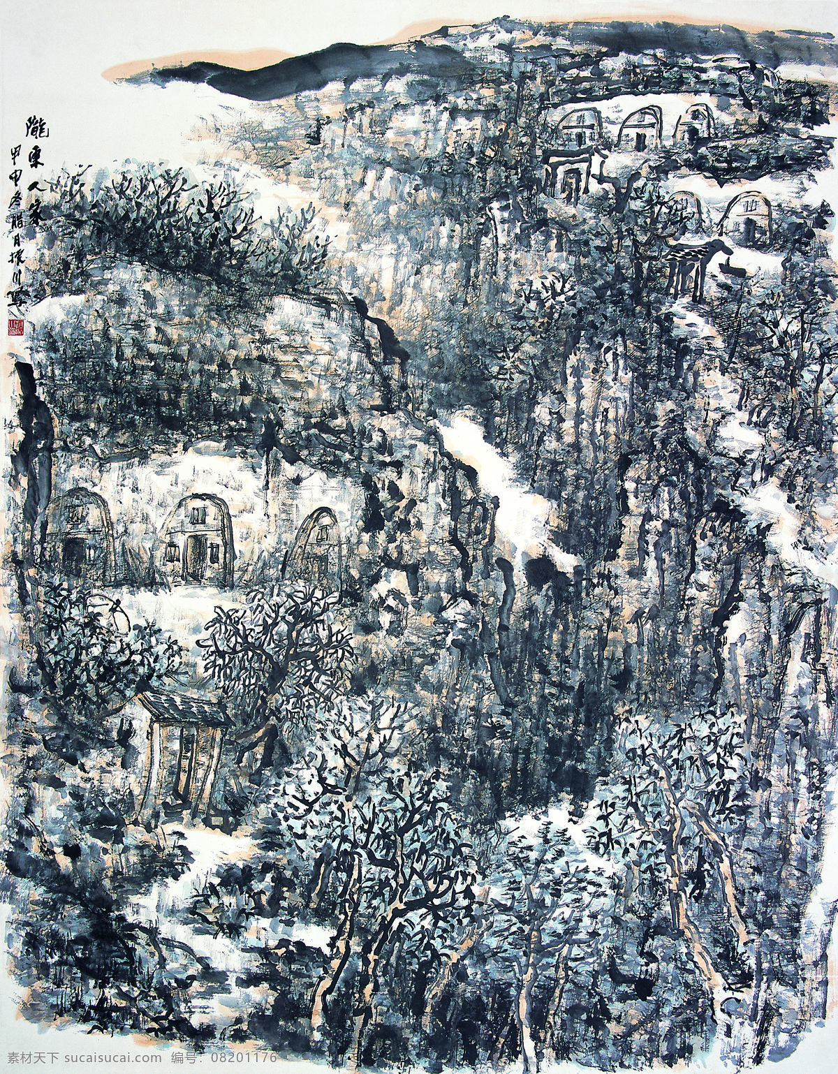 绘画 书法 传统画 房屋 绘画书法 流水 毛笔字 山峰 树林 文化艺术 亭阁 小桥 小河 云雾 艺术 印章