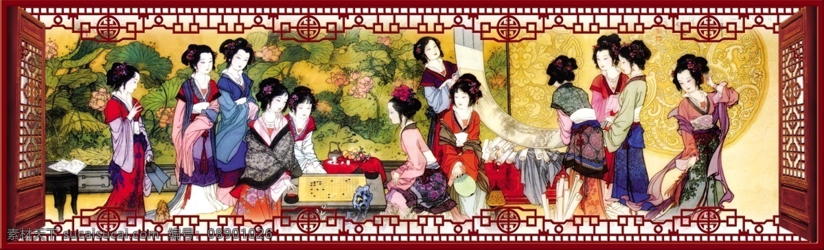 仕女图 酒店装饰 水墨画 古代仕女 美女 美人 古装美女 围栏 花纹 古典窗户 古典门窗 荷花壁画 古典花纹 荷花 联合 仕女聚会 下棋 仕女下棋 观棋 仕女观棋 美女下棋 美女观棋 仪态万方 仕女 展板模板 广告设计模板 源文件