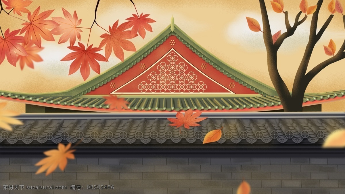 古风 枫叶 屋顶 背景 树叶 古典 中国风 树枝 落叶 十一月 一叶知秋 十一月背景