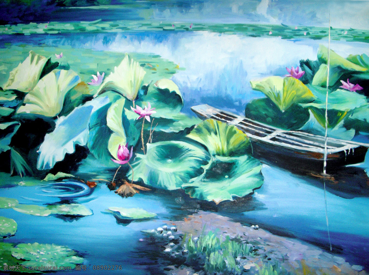 荷塘 美术 油画 风景画 荷花 水塘 船只 油画艺术 油画作品56 绘画书法 文化艺术