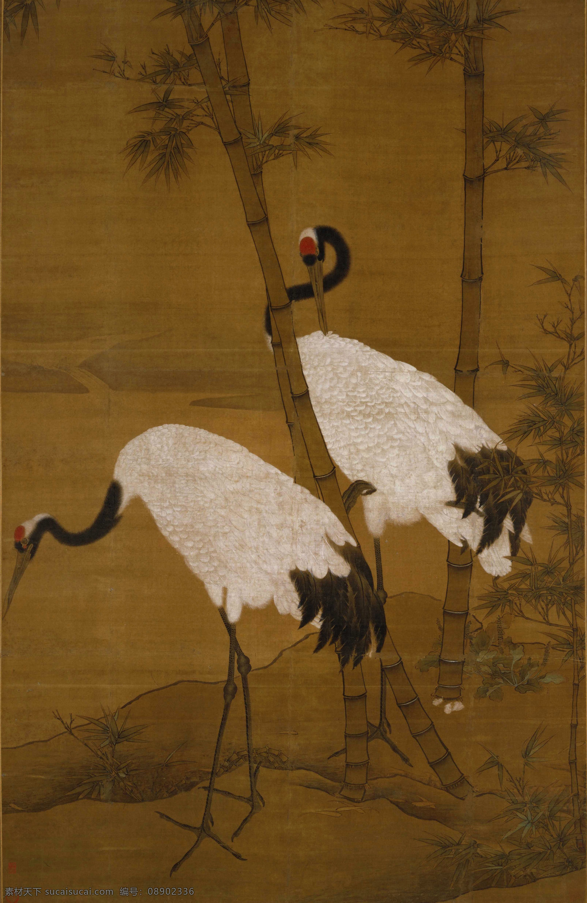 竹鹤图 古画 仙鹤 山石 野草 青竹 绿叶 飞禽 古典 国画 明代 边景昭 工笔 花鸟 高清古画 绘画书法 文化艺术