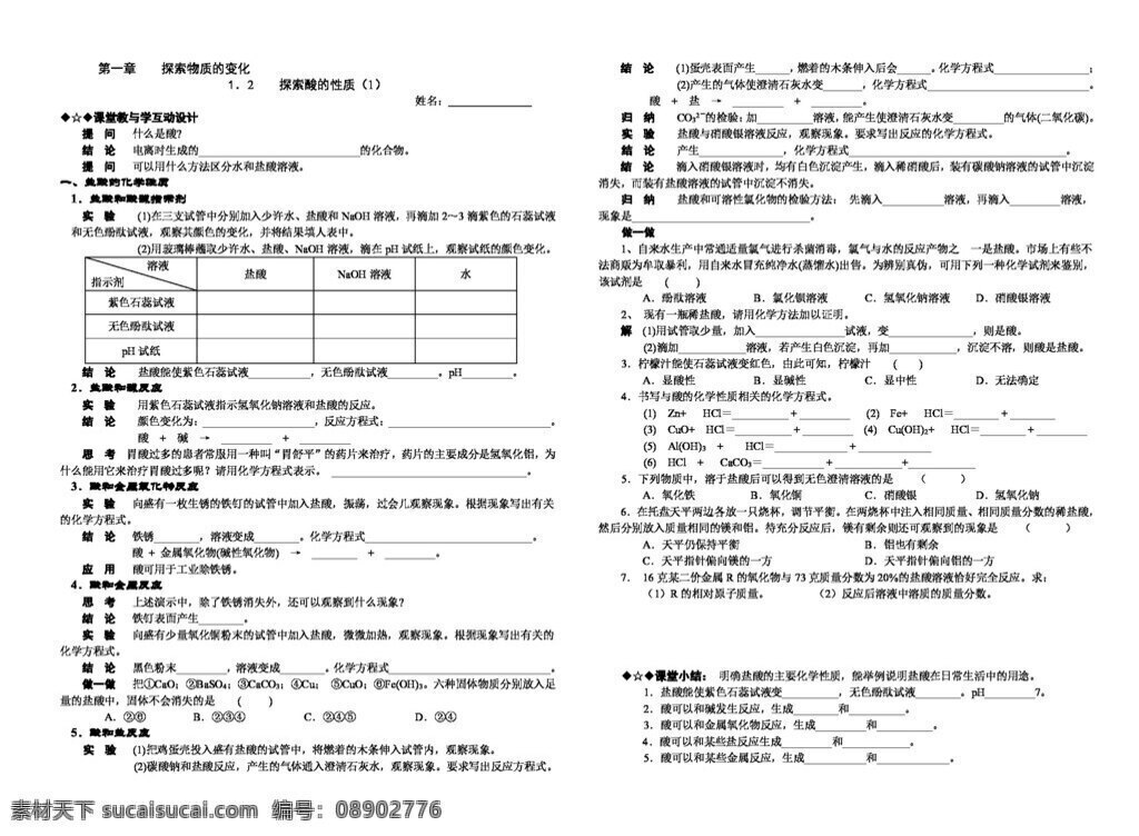 九 年级 上 科学 探索 酸 性质 教案 学 案 浙教版