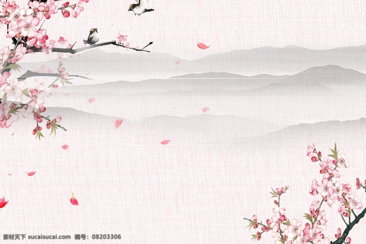 唯美 手绘 古风 桃花 背景 梦幻 花瓣 花朵 小清新 粉色桃花 桃花园 粉色系