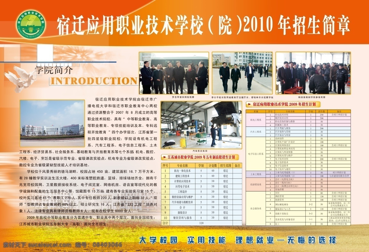 2010 招生简章 正面 彩页 宣传页 学校单页 四折页 展板模板 蓝色 dm宣传单 广告设计模板 源文件 学校介绍 照片 文字 蓝天 鸽子 草地 花 白 年 地球 学校 教学楼 分层