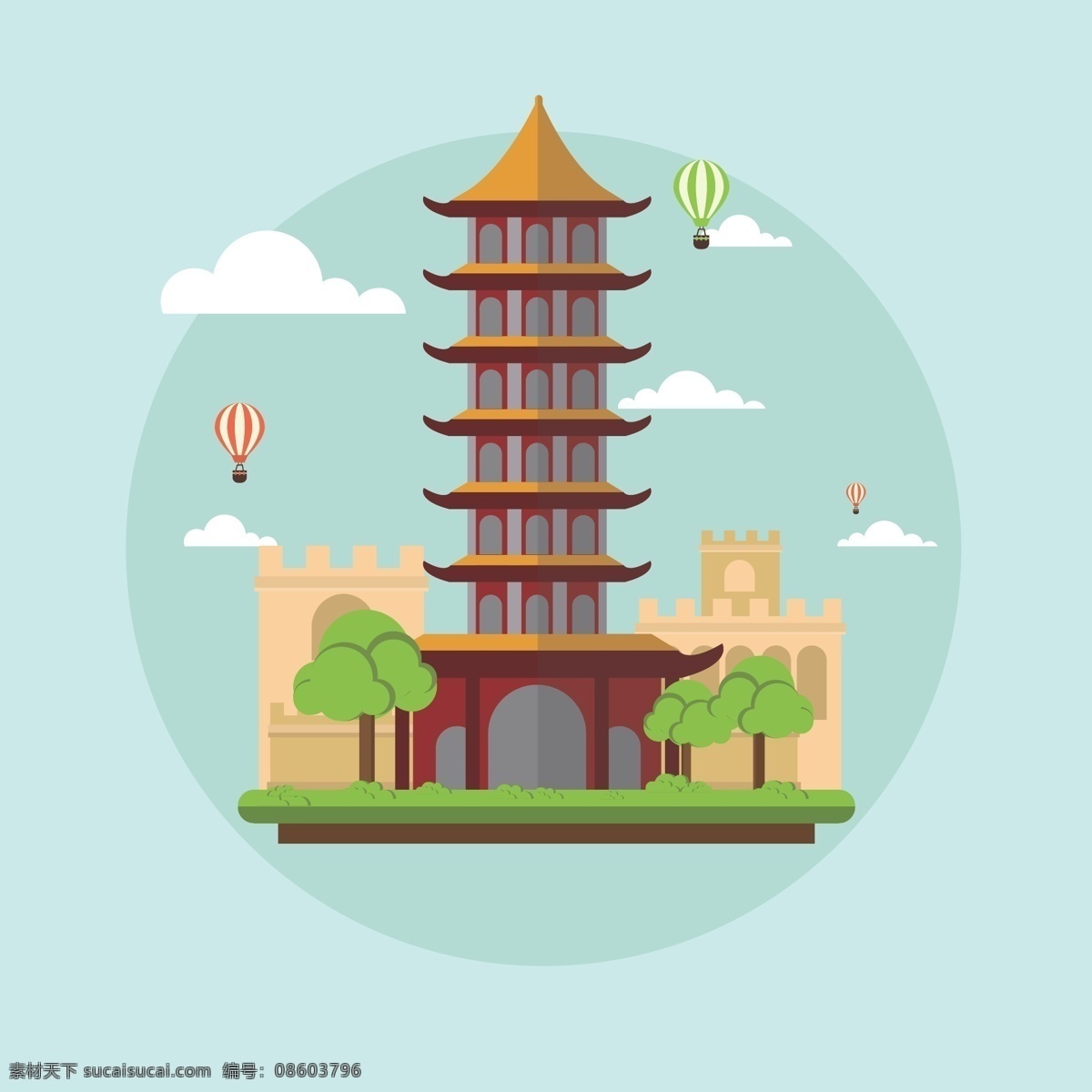 中国风塔 中国风 宝塔 热气球 公园 扁平 自然景观 建筑园林