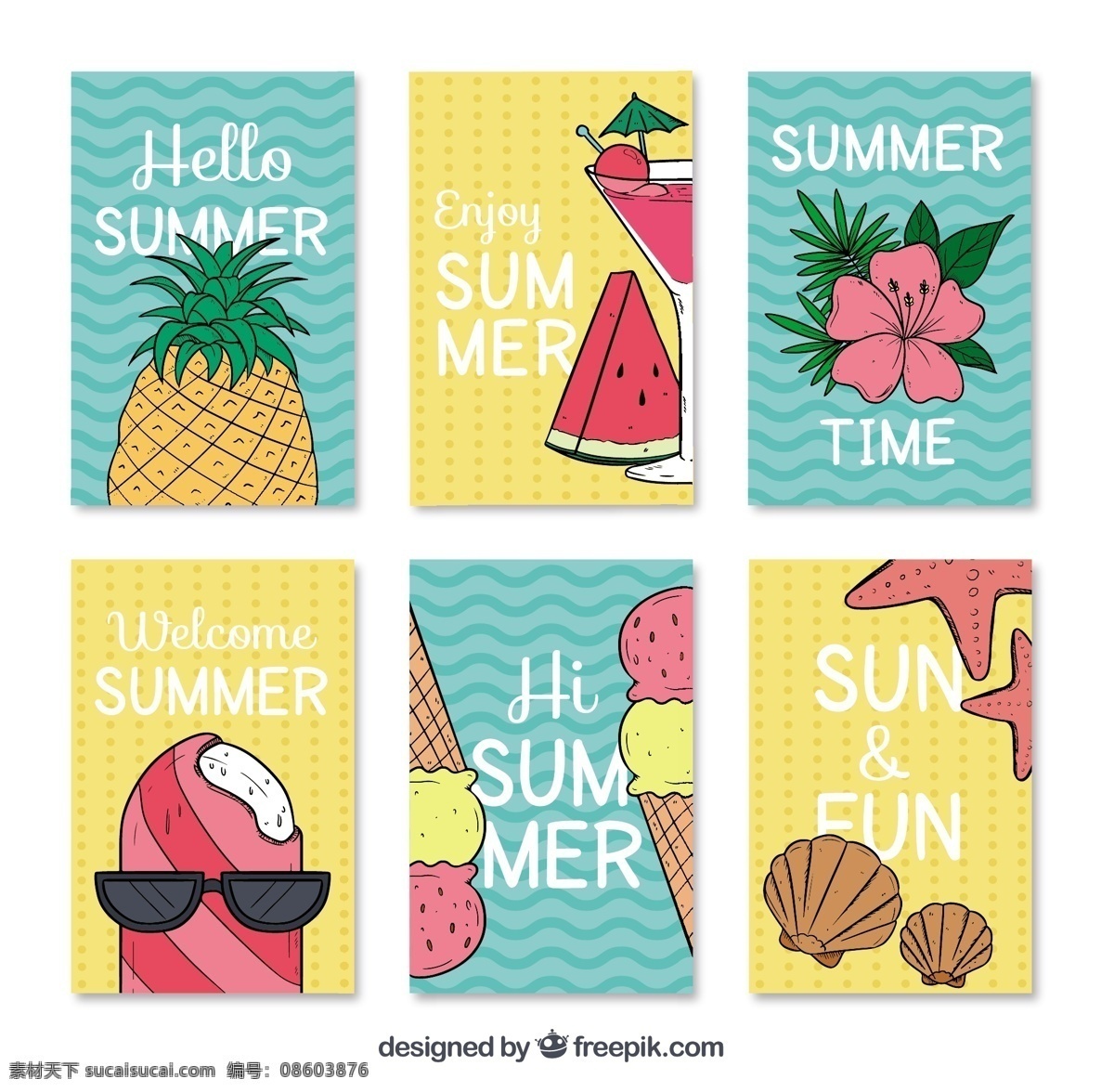 各种 图案 夏季 卡片 采购产品花 花 手 夏天 模板 手绘 线 冰淇淋 颜色 假日 冰 菠萝 装饰 假期 西瓜 奶油 波浪