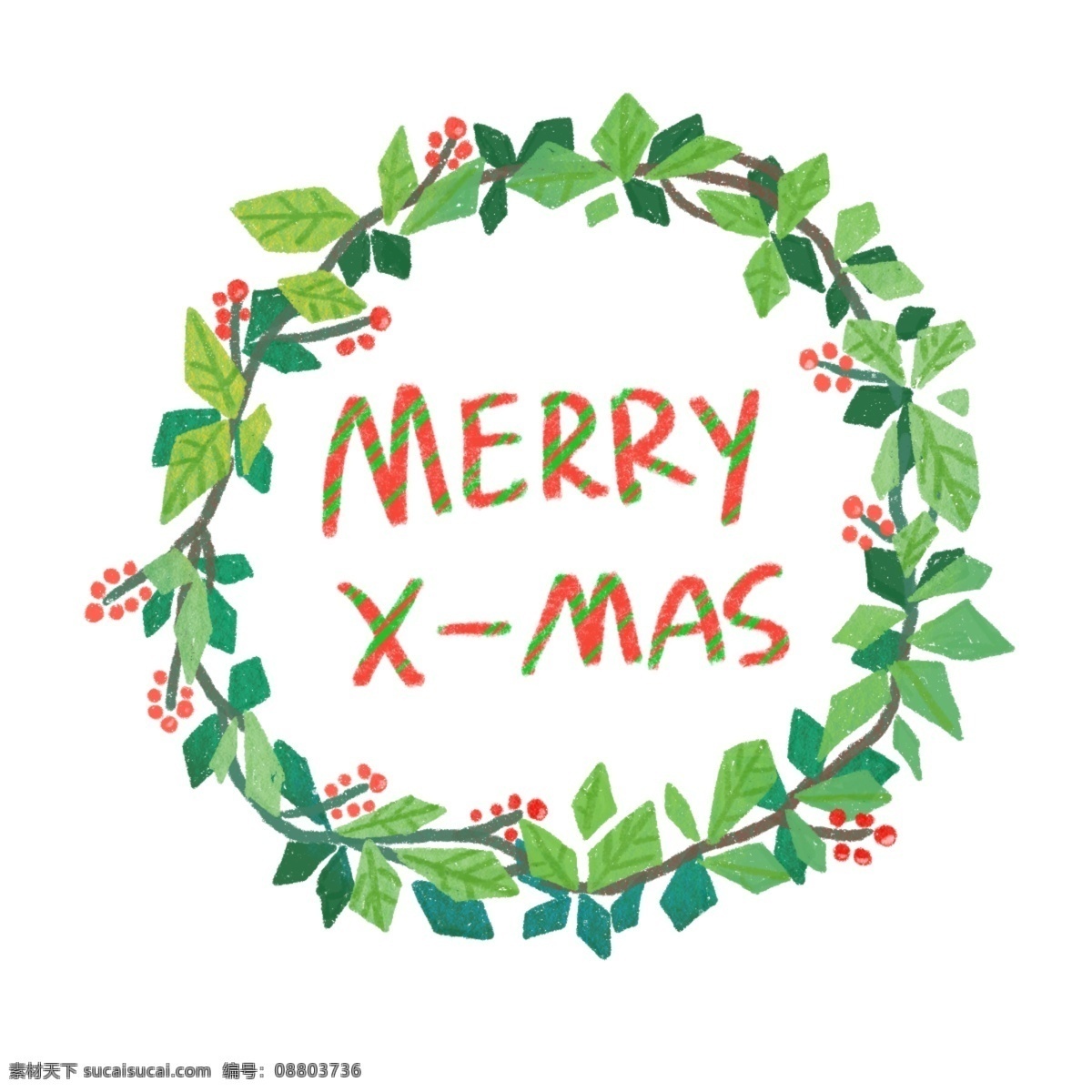 手绘 可爱 圣诞快乐 花圈 圣诞节 圣诞风 merry xmas 绿色 植物 装饰