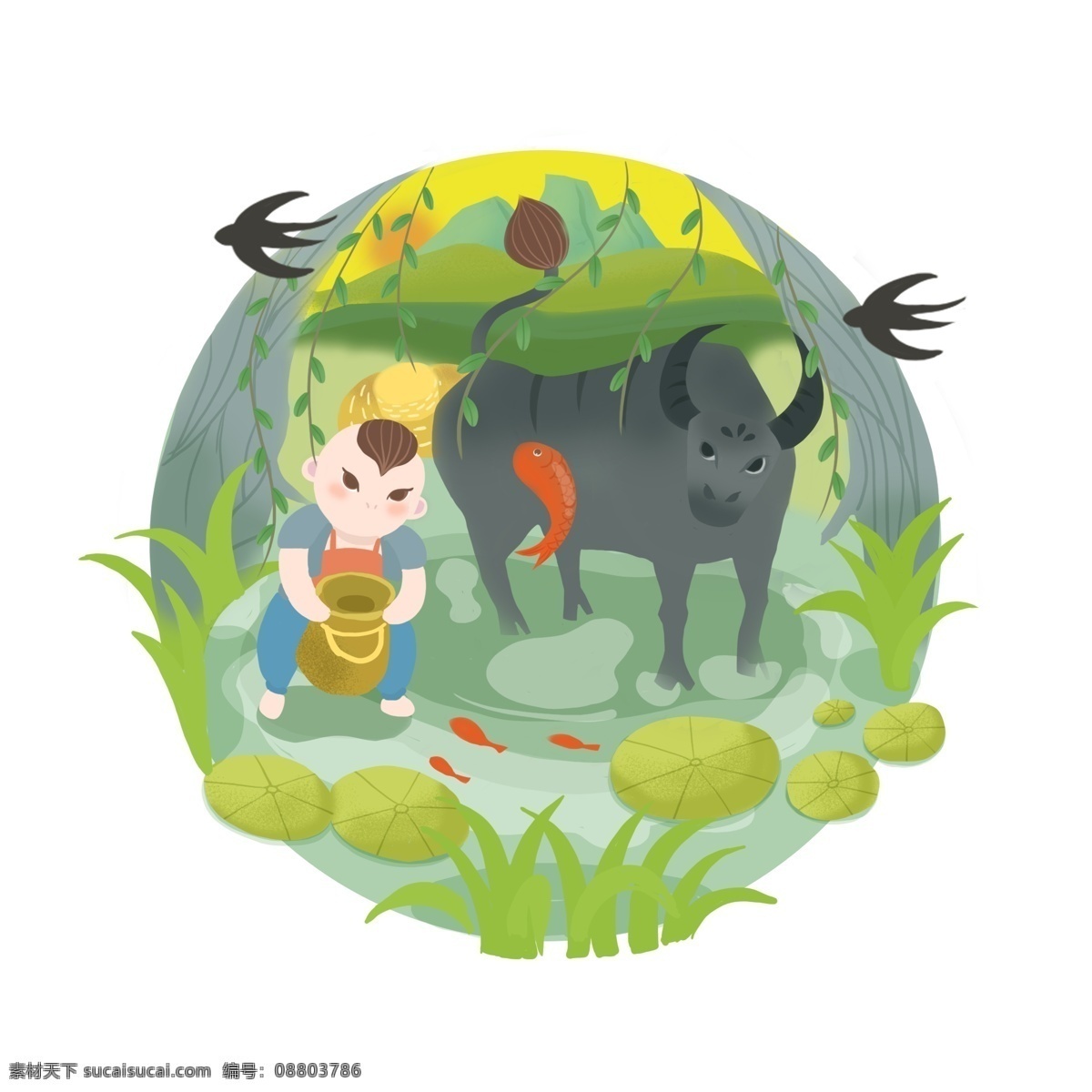 手绘 卡通 牧童 放牛 清明 春天