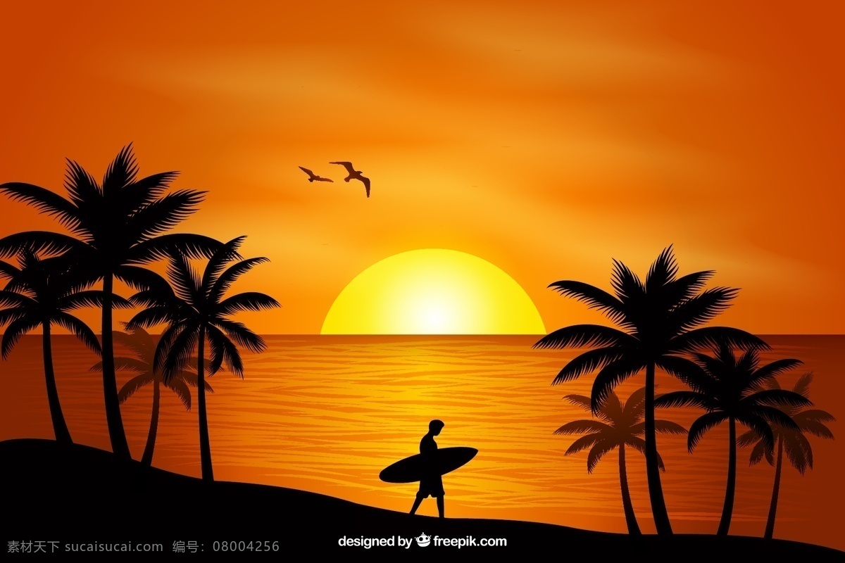 创意 夕阳 沙滩 上 冲浪板 男子 剪影 旅游 大海 岛屿 椰子树 度假 海鸥 动漫动画 风景漫画
