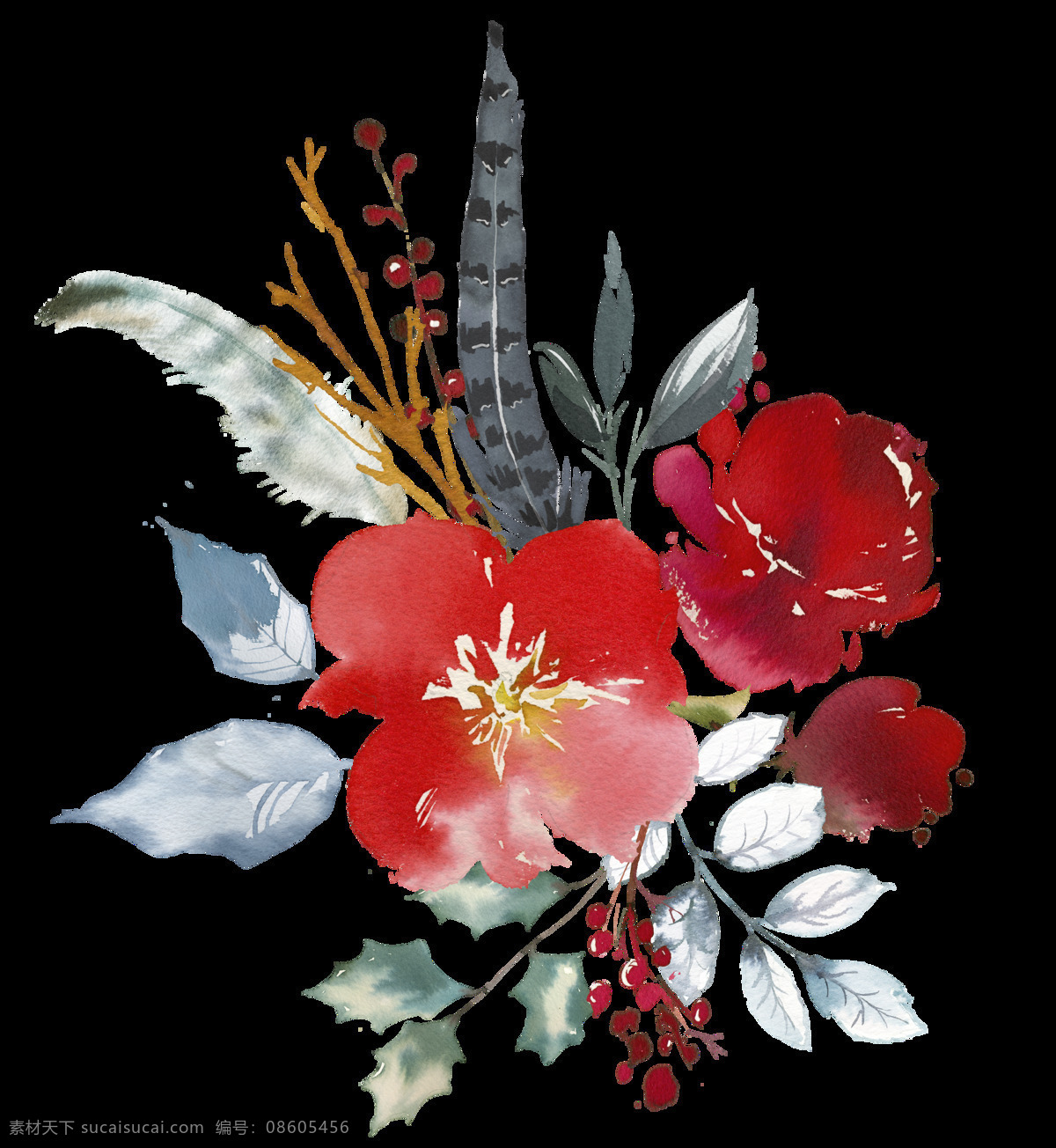 手绘 渲染 花卉 透明 红色果子 灰色 免扣素材 水彩 透明素材 羽毛 装饰图案
