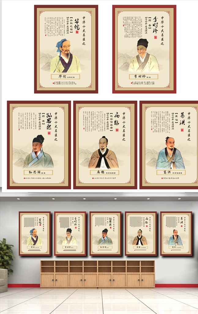 中华 十大 名医 文化 精神 中华十大名医 名医文化海报 古代十大名医 十大名医人物 华佗葛洪 李时珍 孙思貌 古黄色背景 人物简介介绍 历代名医 海报展板