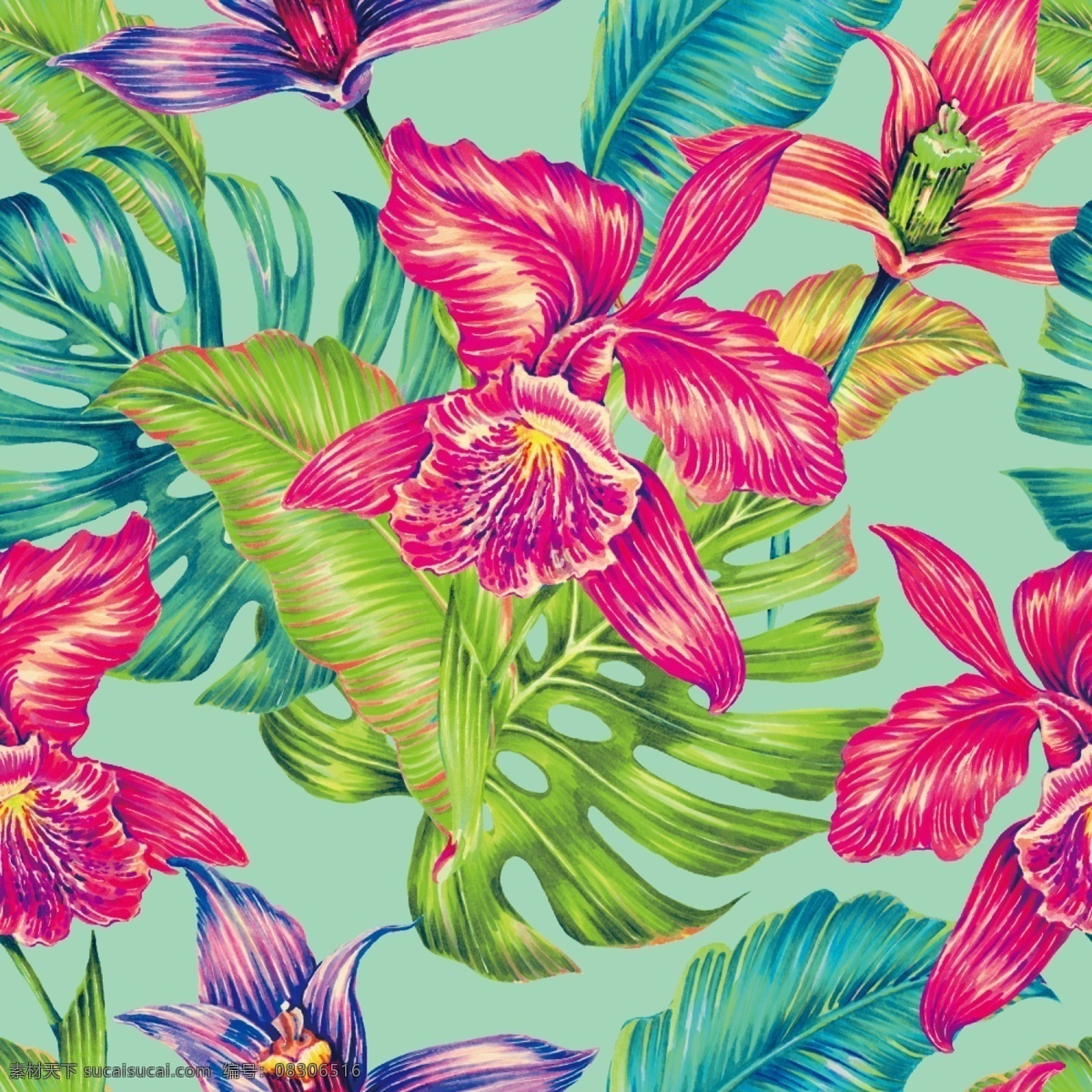 水彩棕榈花卉 水彩画 花朵 叶子 棕榈 芭蕉叶 数码印花 绿色 红 底纹边框 背景底纹