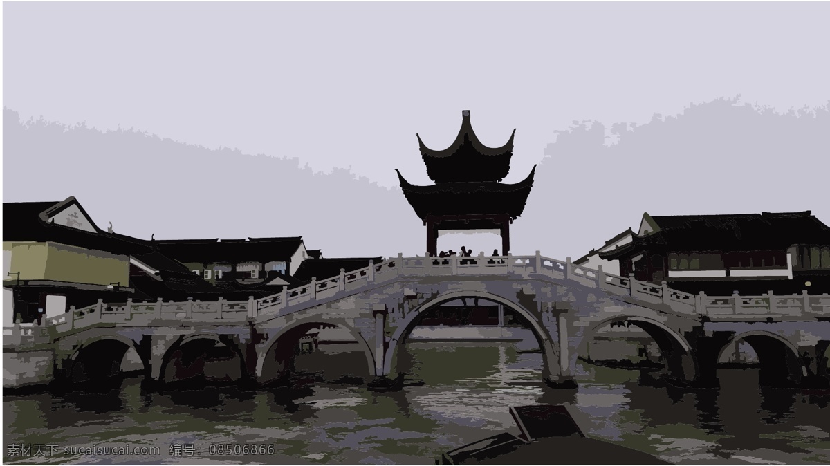 中国 风 亭台 拱桥 水墨 风格 中国风 水墨画 凉亭 流水