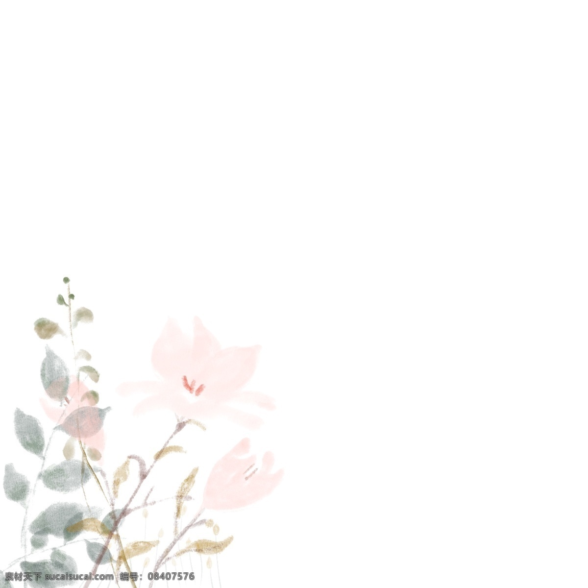 古风 花朵 水墨 手绘 粉色花朵 banner 清新自然 素雅 桃花 绿叶 唯美浪漫 蓝色 简约