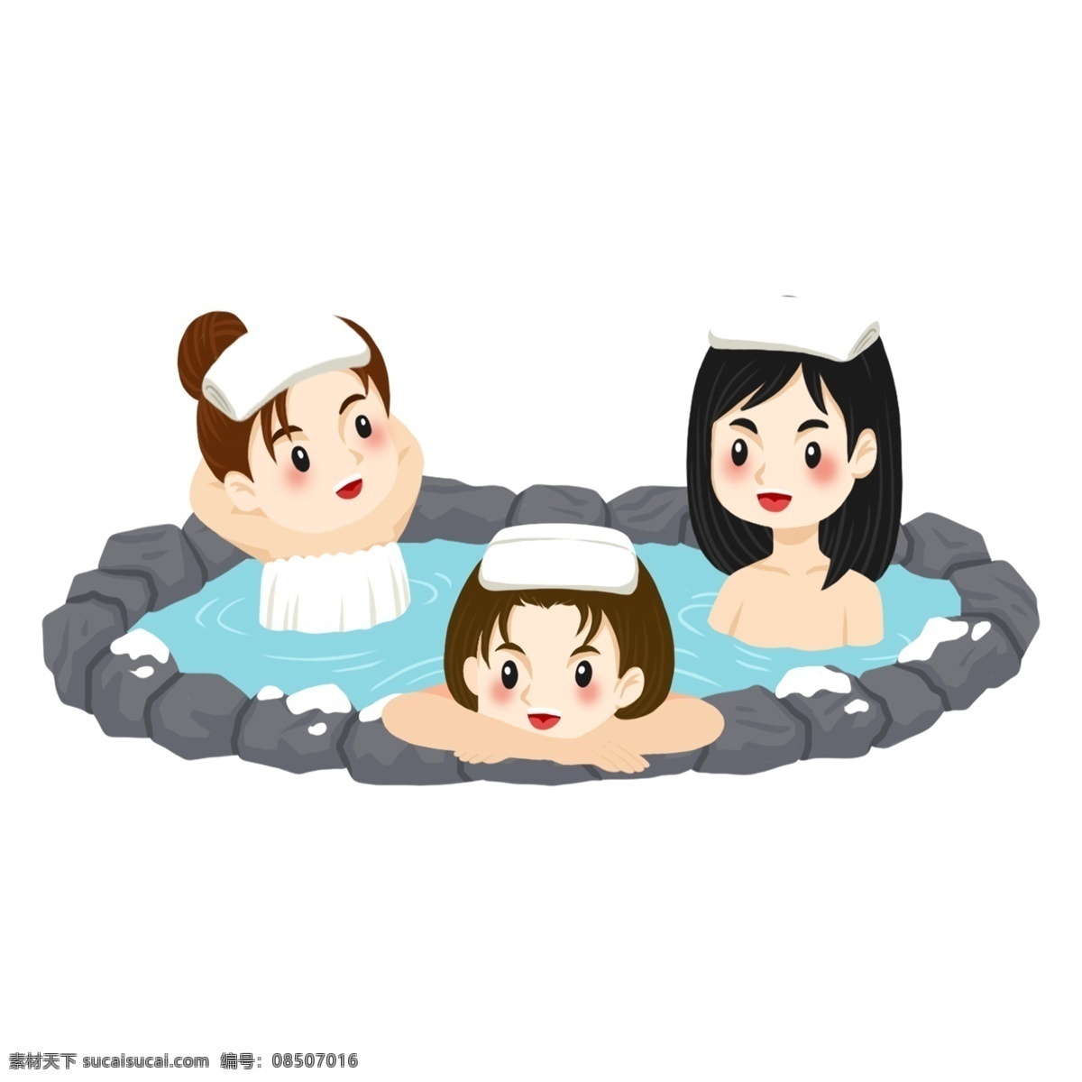 手绘 卡通 三个 女孩 泡 温泉 三个女孩 泡温泉 png元素 免抠元素 透明素材