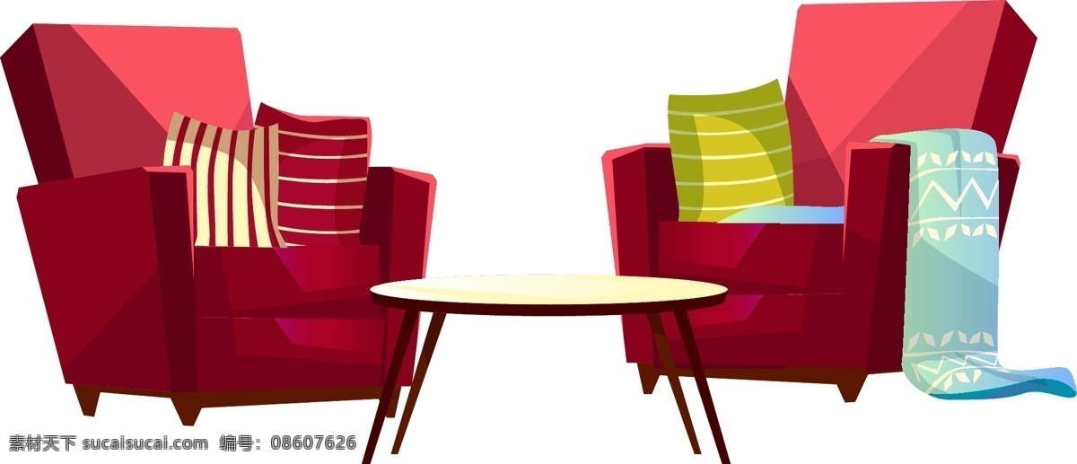 红色 沙发 圆形 小茶 商用 元素 家具 红色沙发 休闲生活 靠垫 毯子 圆形小茶几 小茶几