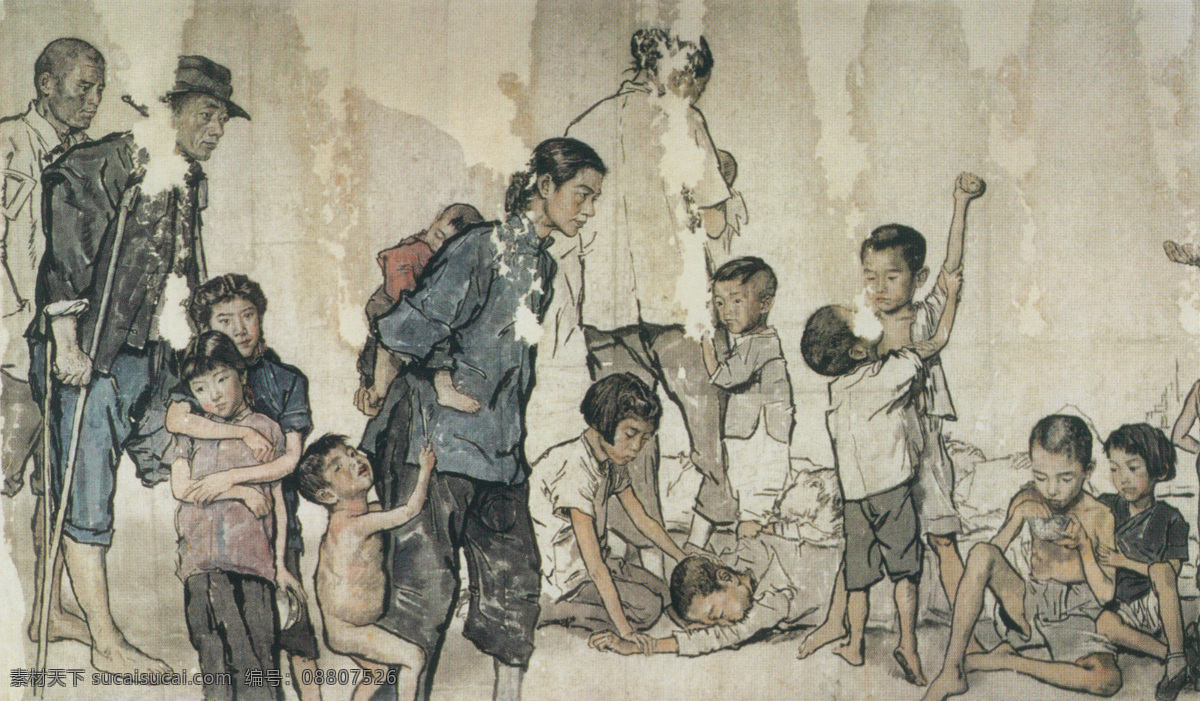 饥民流亡 书法画作 古风 装饰画 中国画 灰色