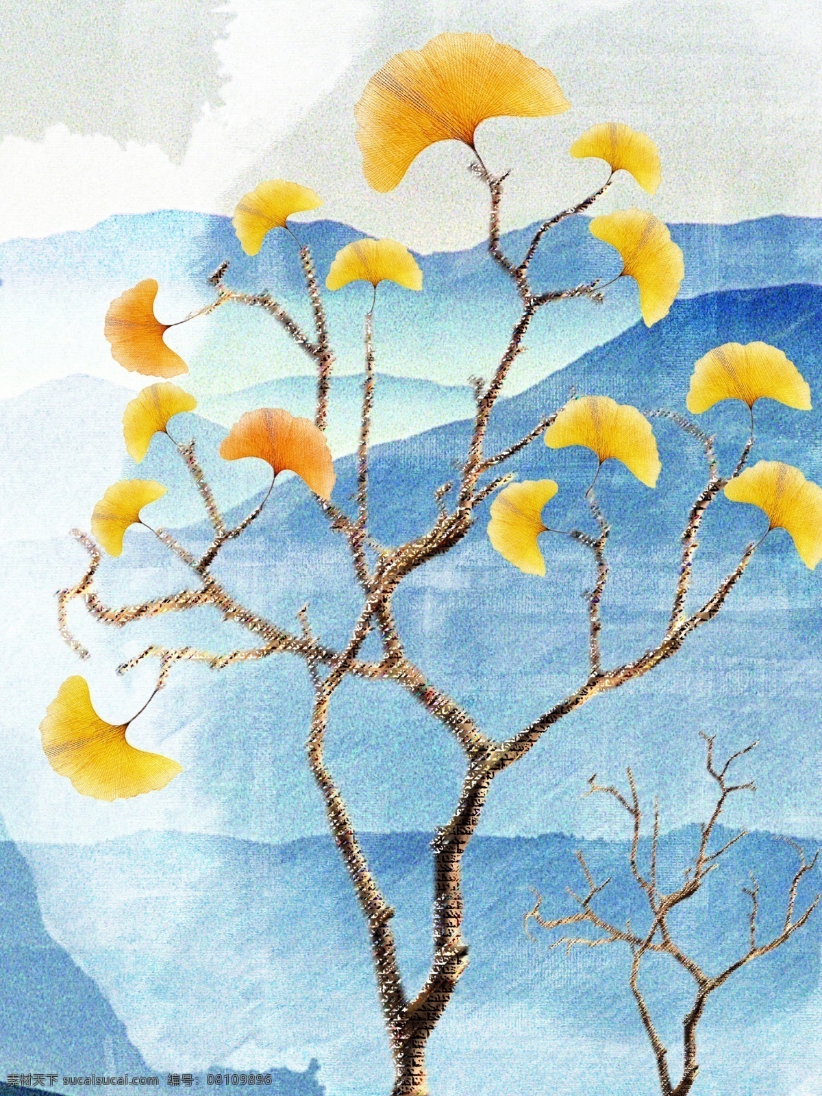 现代 简约 银杏树 客厅 装饰画 蓝色水墨山 客厅装饰画 一联画 简约水彩