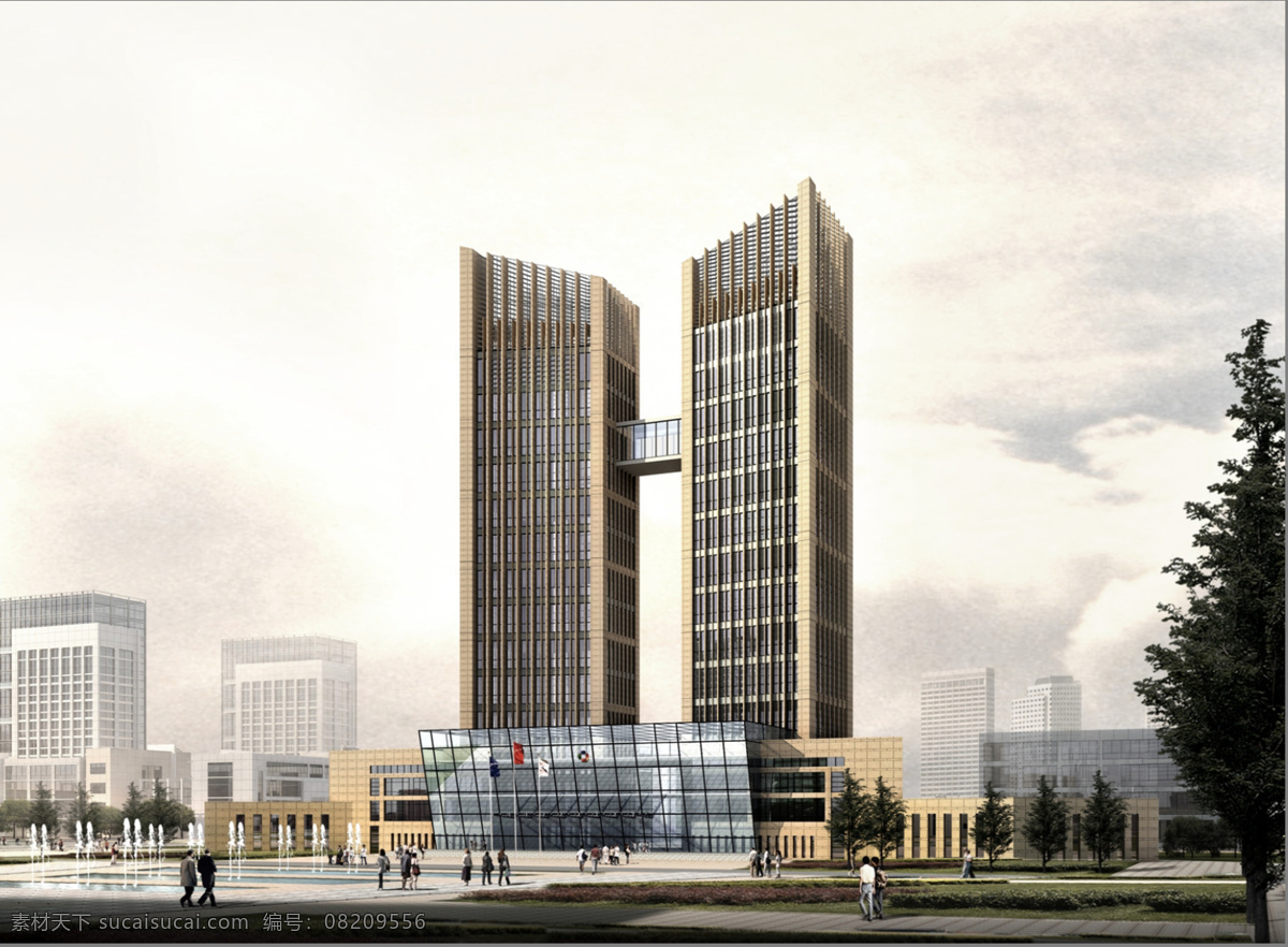 双子 建筑 办公 商业 效果图 办公商业 楼前广场 喷泉 环境设计 建筑设计