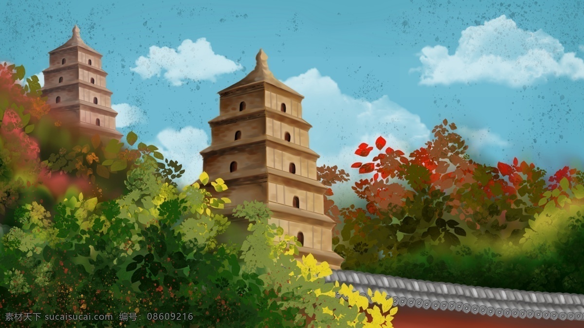 古风 建筑 西安 大雁塔 红树林 白云 蓝天 城墙 插画 可爱 清新 古风建筑 朋友圈配图 手机壁纸 电脑壁纸 插图 配图 微博配图 公众号配图 文章配图 原创 瓦片