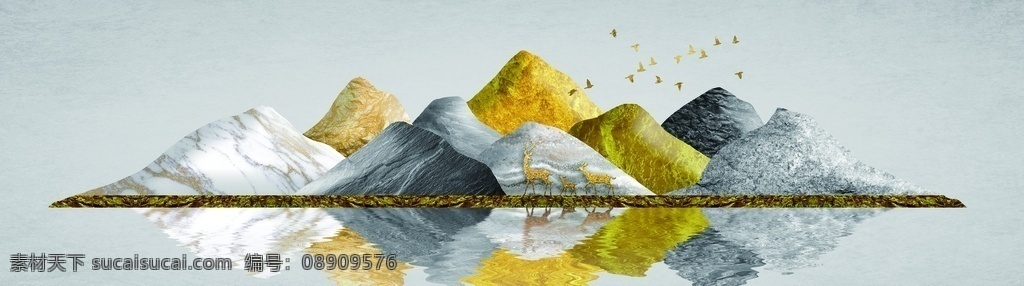 山 发财鹿 抽象 艺术 壁画 渲染 插画 高清