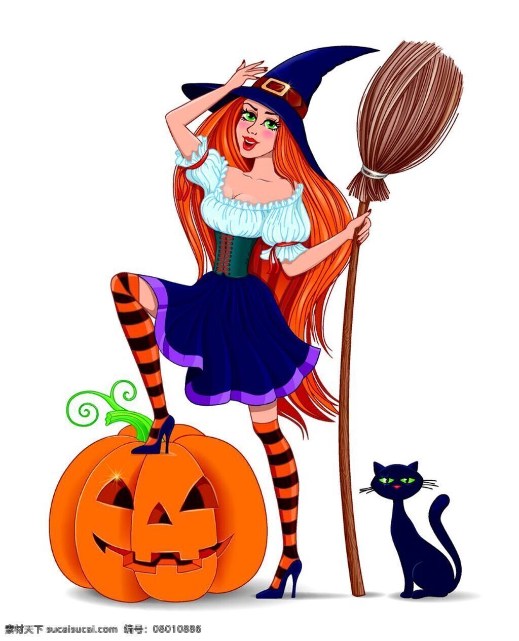 踩 南瓜 灯 美女 南瓜灯 扫把 黑猫 女人 万圣节 万圣节素材 美女巫师