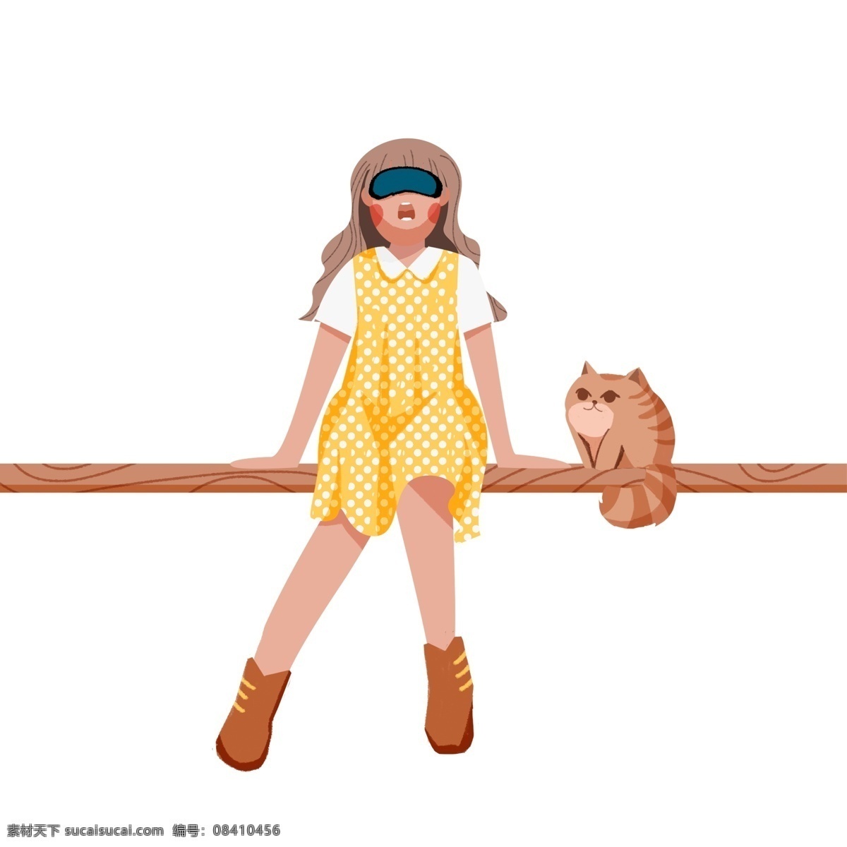 复古 肌理 带 vr 眼睛 坐在 木头 上 女孩 复古肌理 插画 vr眼镜 猫咪 手绘
