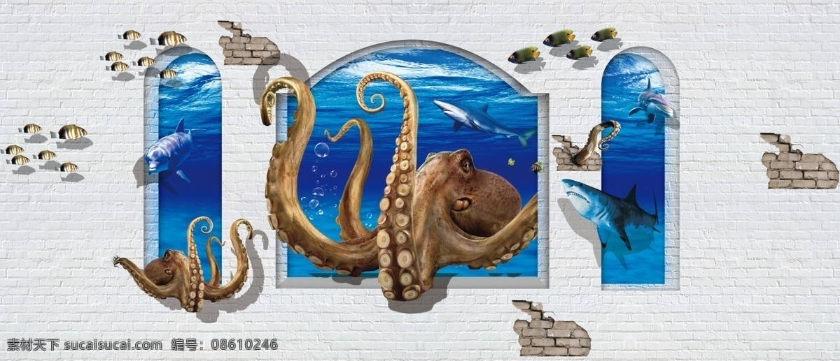 3d 立体 画 章鱼 3d立体画 海洋 欧式门 立体画 墙绘 背景墙 装饰墙背景 系列 3d设计 3d作品