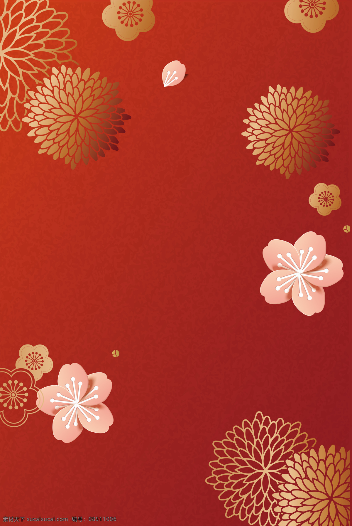 红色 复古 时尚 新年 背景 复古花朵 花朵 金色 立体 梅花 线条