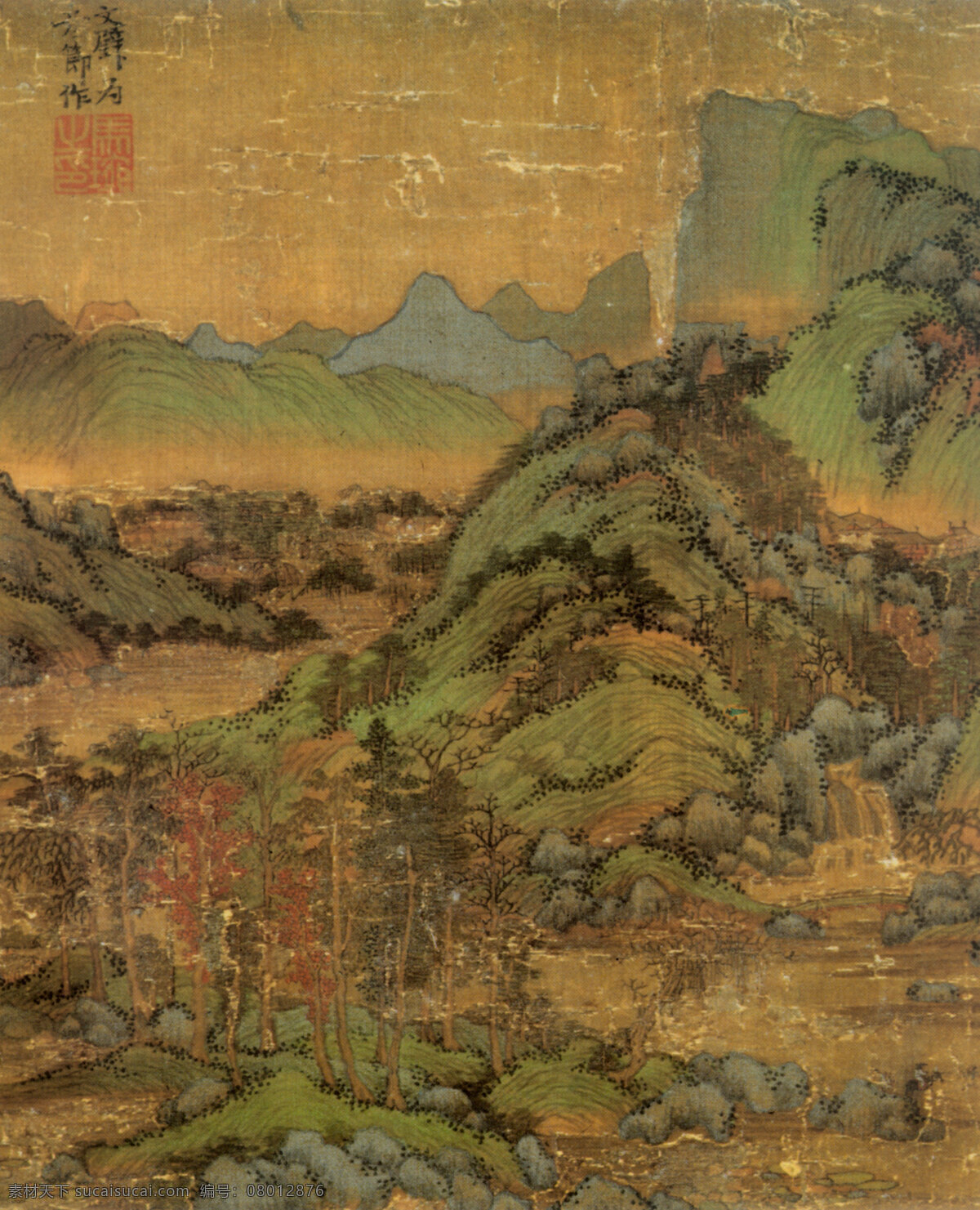 山水画 古典藏画 设计素材 山水名画 书画美术 棕色