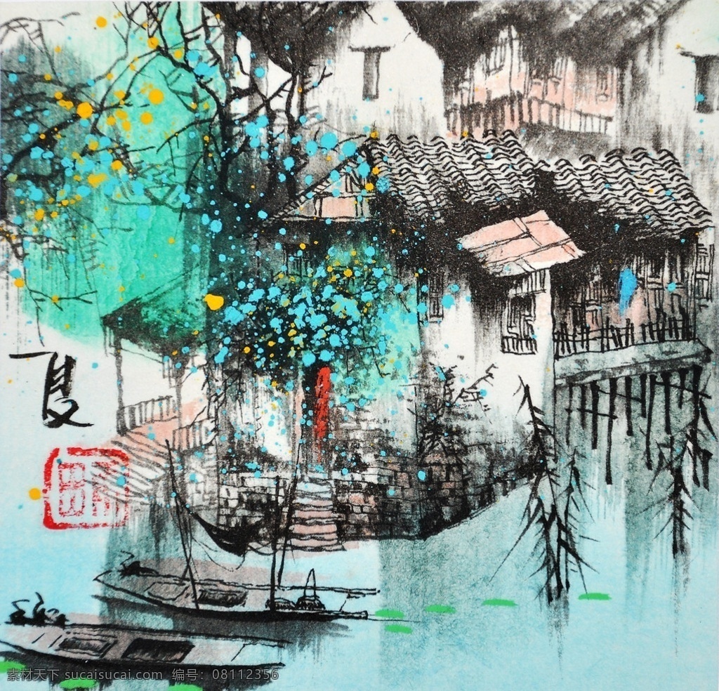 江南水乡 夏 装饰画 无框画 国画 水墨 绘画书法 文化艺术