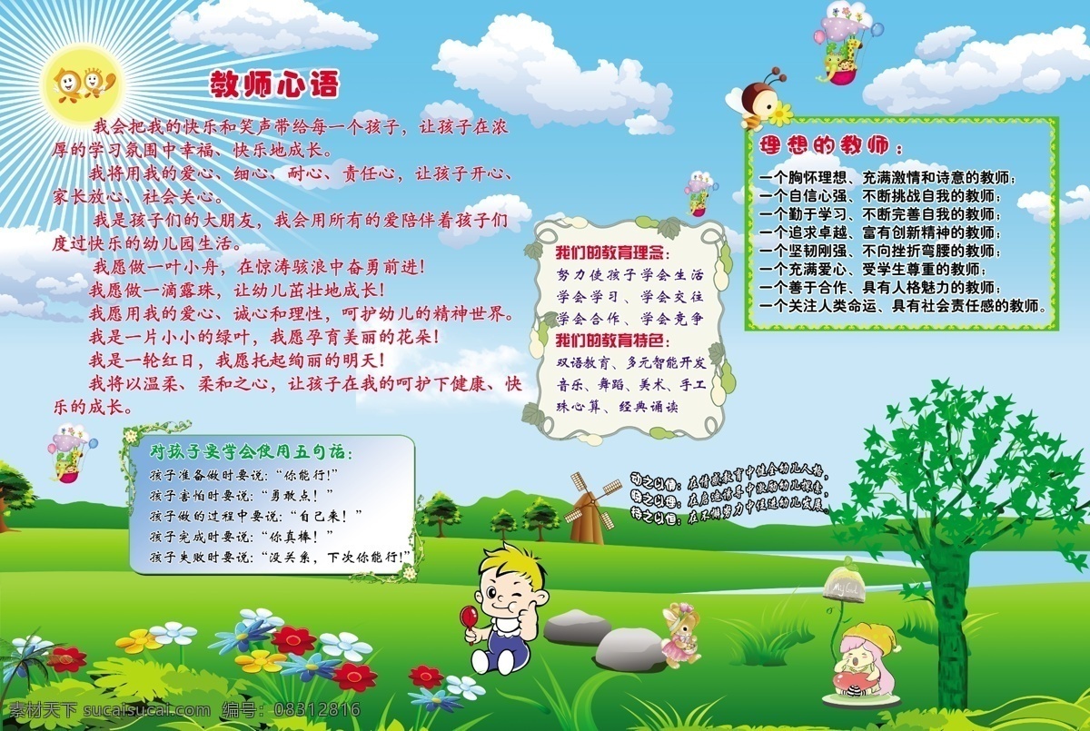 幼儿园 墙体海报 太阳花 婴儿 小孩 卡通人物 树苗 小树 花 花簇 草地 蓝天 白云 绿色 分界框 树丫 展板模板 广告设计模板 源文件