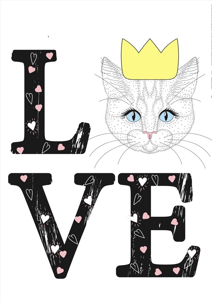 love 猫 头 矢量图 服装设计 男装设计 女装设计 箱包印花 男装印花 女装印花 童装印花 潮流服装印花 潮牌设计 面料印花 布料印花 贴纸图案 服装印花图案 卫衣设计 涂鸦动物 线描卡通动物 手绘卡通动物 涂鸦卡通动物 卡通动物设计 卡通形象设计 王冠 皇冠 猫头 手绘猫 卡通猫头 可爱卡通猫 love字母 桃心 矢量图案共享
