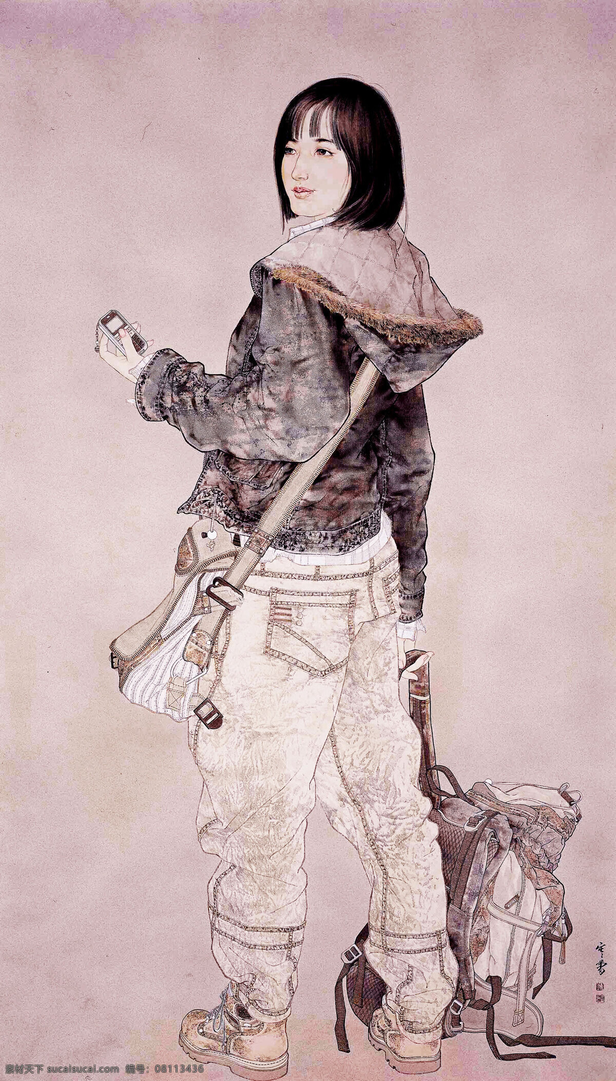 表情 动作 发型 服饰 工笔画 国画艺术 回家 绘画 美术 中国画 人物画 女人 女子 女青年 姿势 行李包 手机 印章 国画集25 绘画书法 文化艺术 装饰素材 雕刻 图案