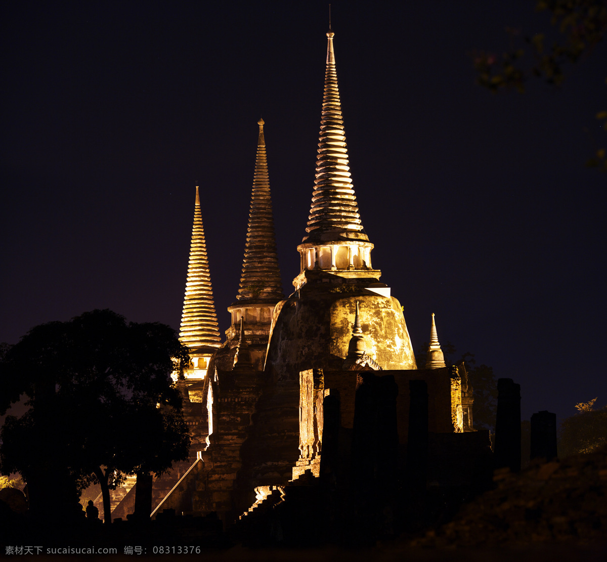 泰 國 ayutthaya 旅遊 景觀 景象 天空 夜色 塔樓 寺廟 廟宇 田園 花草 樹木 燈火 旅游摄影 摄影图库