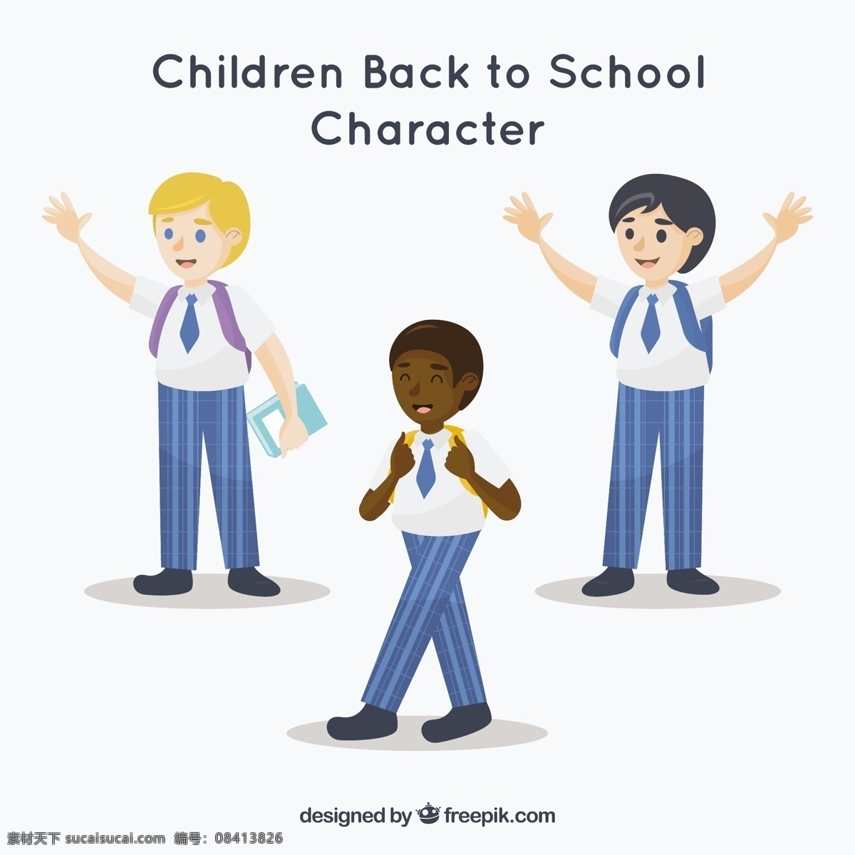 一群 穿 校服 男孩 学校 儿童 教育 性格 卡通 学生 文件夹 学习 书包 公寓 朋友 回到学校 笑脸 平面设计 有趣 卡通人物 大学
