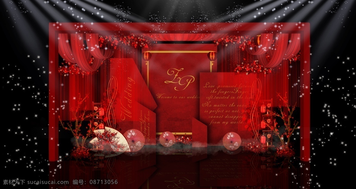 红色 新 中式 婚礼 效果图 灯光 唯美 浪漫 红色系 新中式 纱幔 布幔 线帘 花艺 方亭 扇子