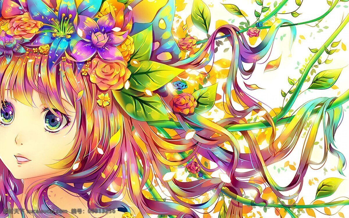 动漫美女 花草 绘画书法 绿叶 美女 手绘美女 唯美 手绘 设计素材 模板下载 数字绘画 五彩斑斓 炫彩 数字 绘画 艺术 壁纸 文化艺术