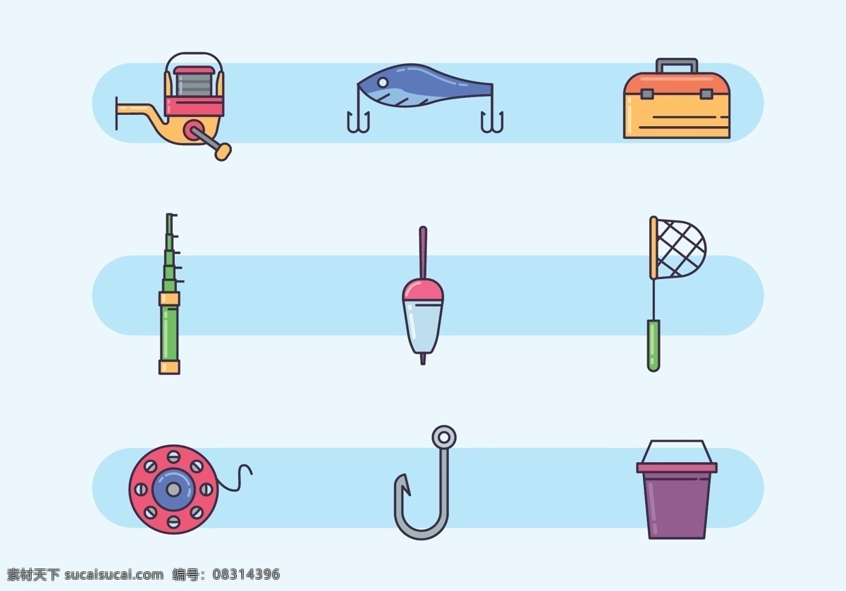 钓鱼 图标 矢量 钓鱼图标 图标设计 矢量素材 鱼竿 救生圈 凳子 旗帜 鱼钩 网子 水桶