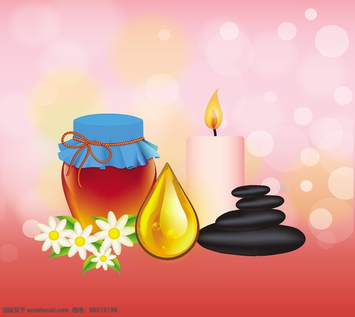 唯美 美容护肤 插画 唯美插画 水滴 蜡烛 唯美背景 花卉花朵 矢量素材 蜂蜜