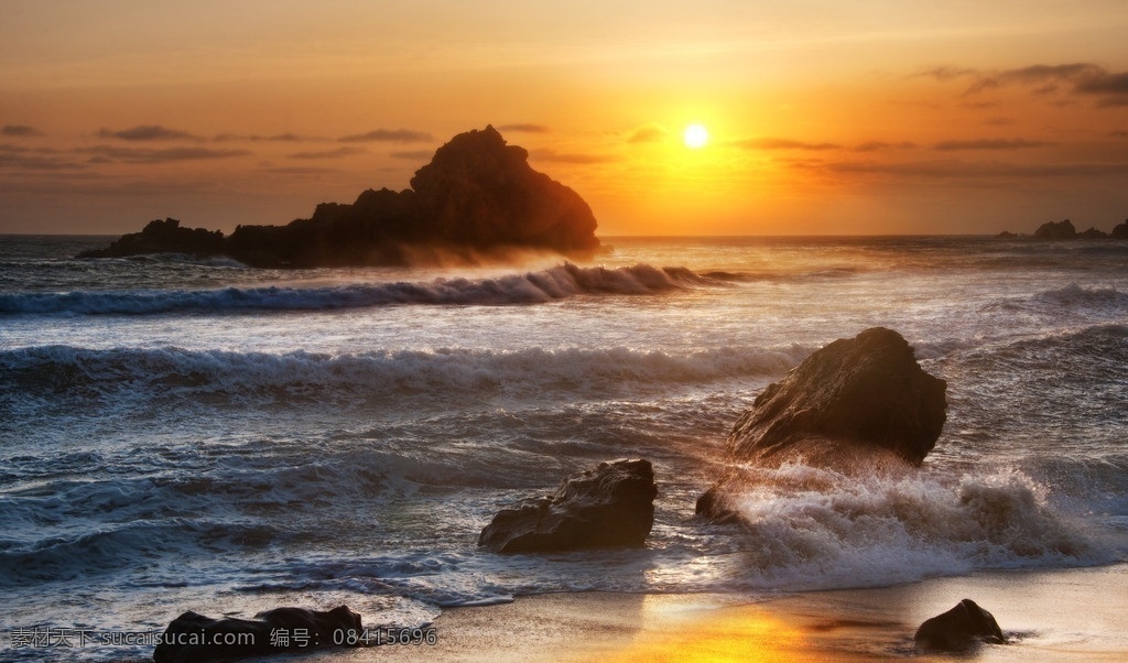 夕阳西下 夕阳 海岸 海滩 海边 礁石 暖色 波涛 波浪 沙滩 高 动态 风光摄影 自然风景 旅游摄影