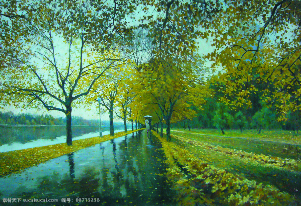 雨中 美术 油画 风景 园林 树林 树木 雨景 行人 油画作品85 文化艺术 绘画书法