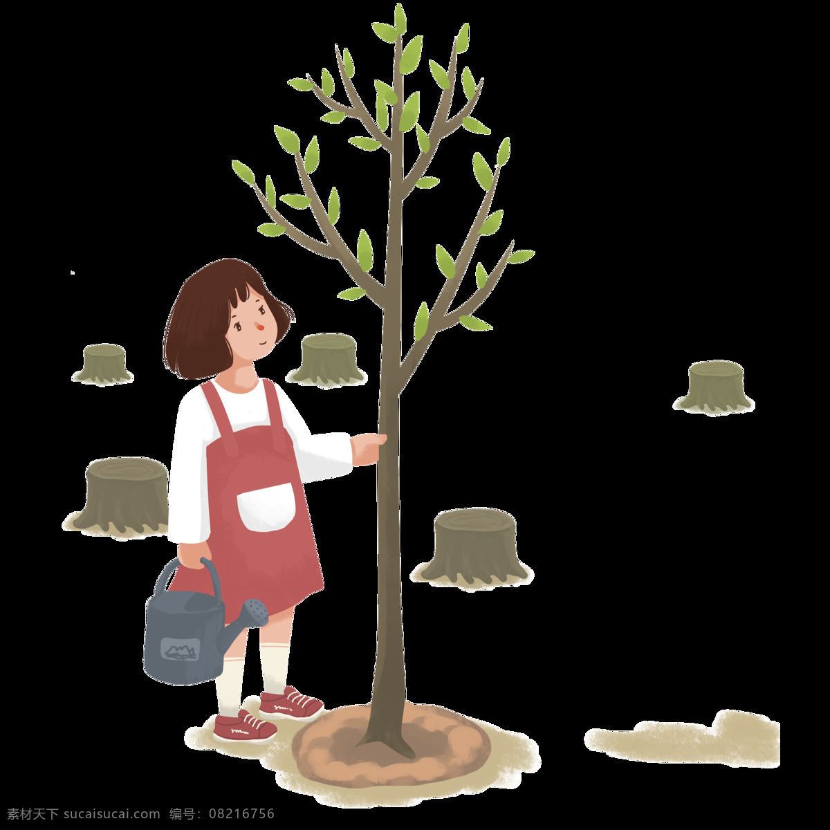小 清新 种树 浇水 女孩 插画 元素 小清新 卡通 植物节 手绘 儿童 春季元素
