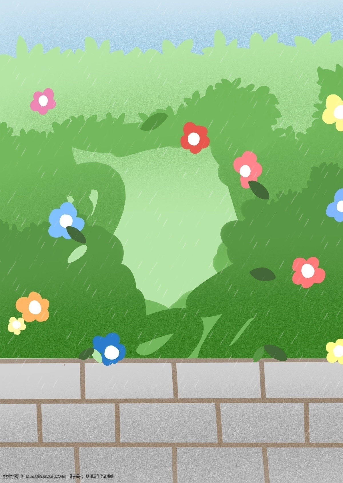 手绘 春季 雨水 花丛 背景 雨水节气 春天 花朵 绿色 广告背景 彩绘背景 psd背景 背景展板 特邀背景 促销背景 背景展板图 背景图 创意 清新背景