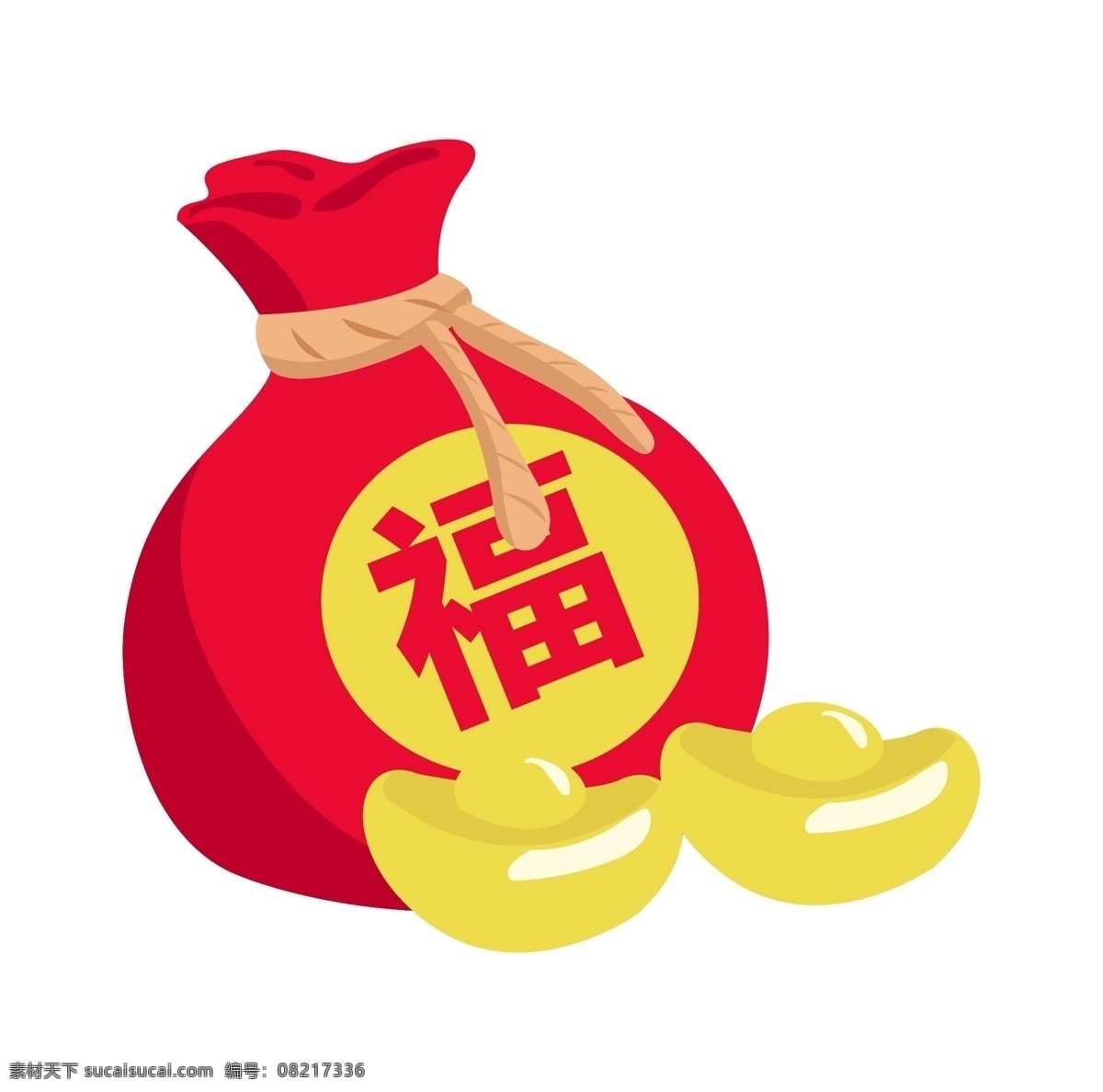 手绘 新年 福 包 插画 红色的福包 金色的元宝 卡通插画 手绘新年插画 新年的装饰品 满满的福包