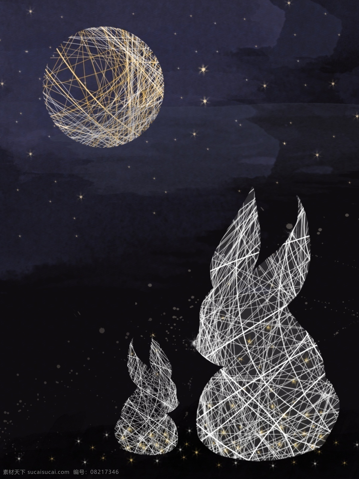 手绘 独特 透明感 兔子 广告 背景 灯 星空 萤火虫 星河 唯美 月亮 云 夜色 墨蓝 动物